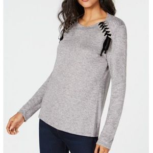 INC GRAY LACE UP SCOOP NECK TOP